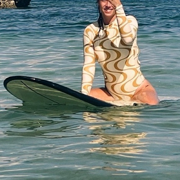 Free People Cream And Gold Wave-Print Long-Sleeve One-Piece Swimsuit